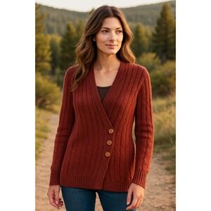 Peruvian Connection Baby Alpaca Silk Wrap Cardigan Rust Red Textured Knit L
